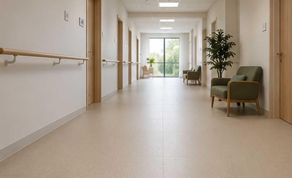 Klinikflur mit Handlauf und durchgehendem Schutzboden